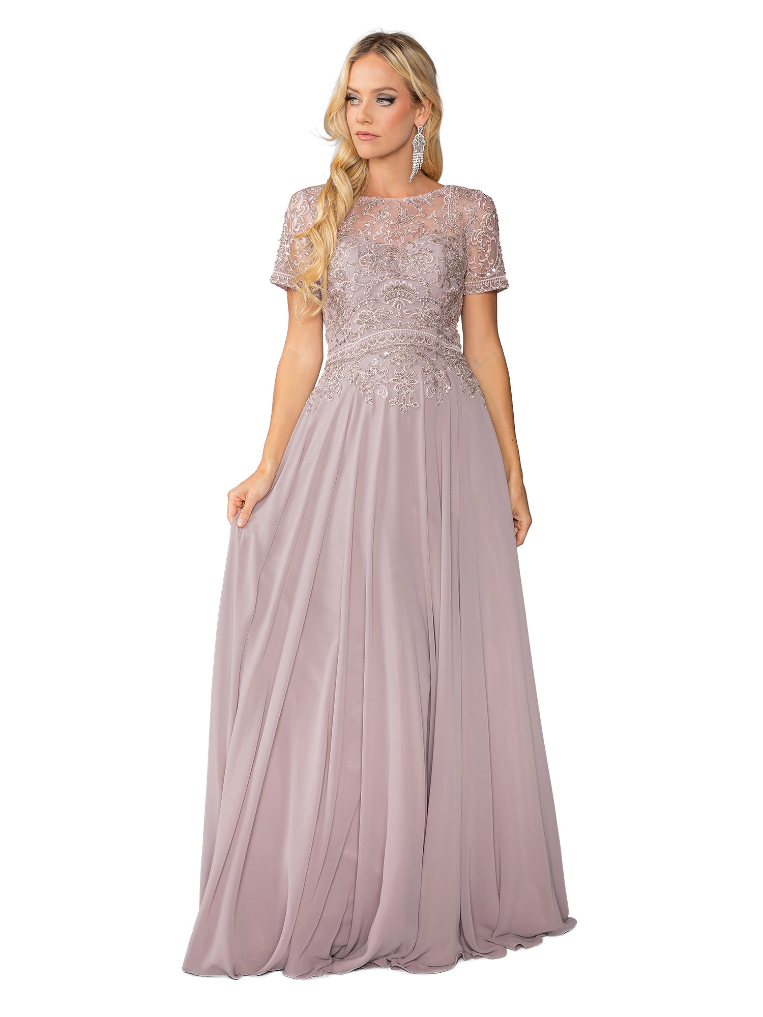 A woman wearing the Beaded-Bodice Long Prom Dress: Dancing Queen 4444, featuring a floor-length lilac chiffon skirt, short lace sleeves, and an intricately embroidered beaded-lace bodice.